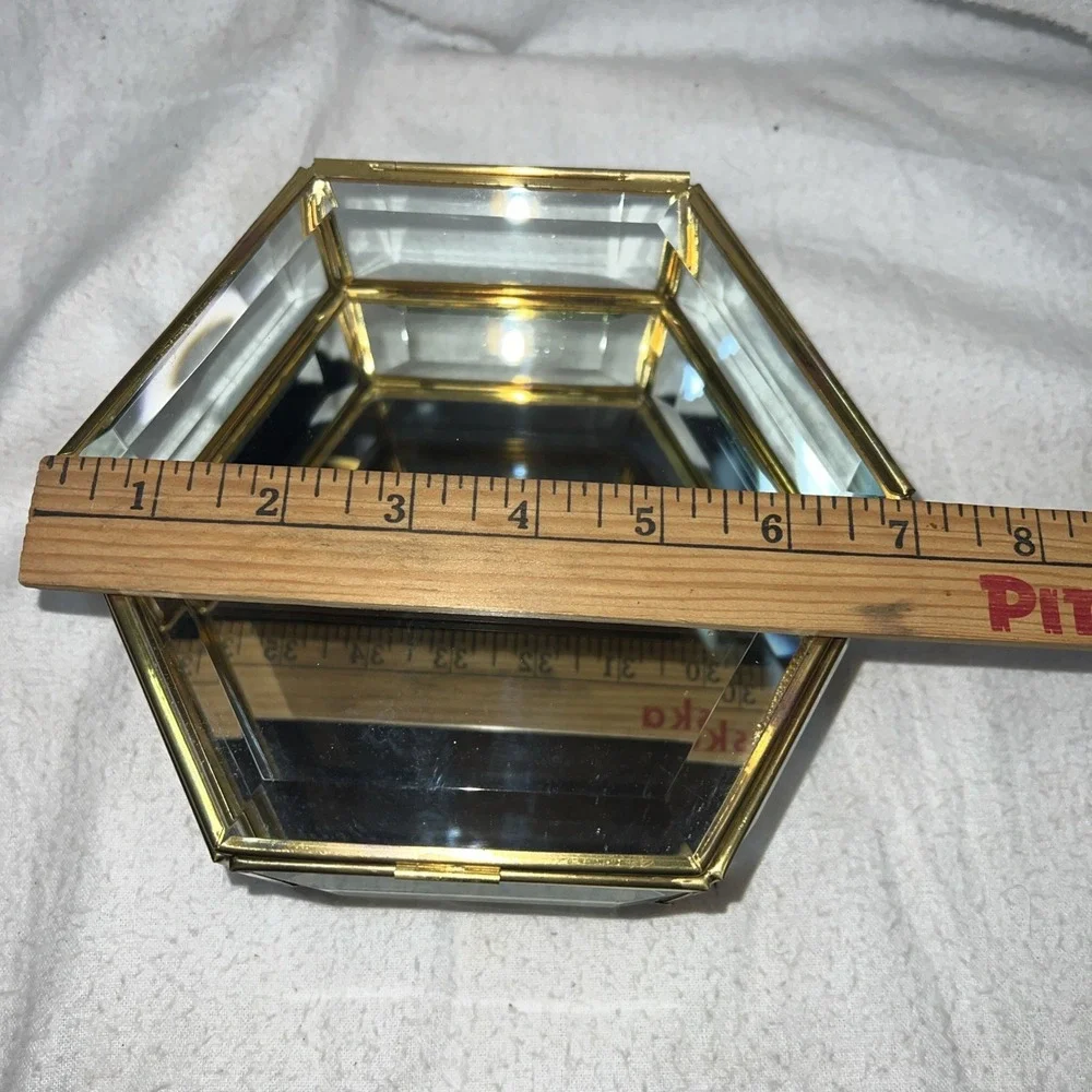 VTG Beveled Glass Mirror Bottom Hinged Display Case Trinket Jewelry Box Curio 7